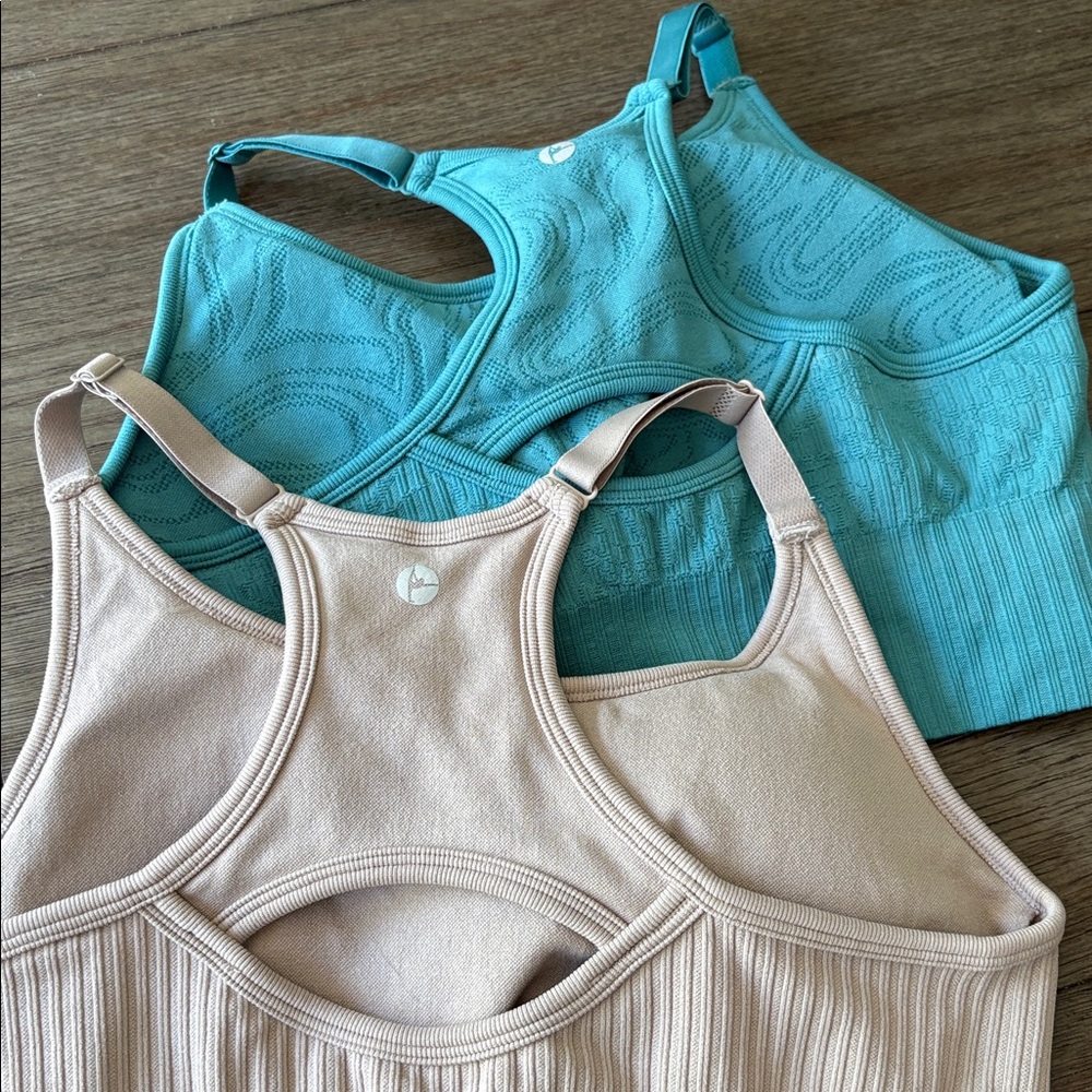 90 Degree By Reflex Teal and beige Ribbed Sports Bras set of two medium - Picture 3 of 6